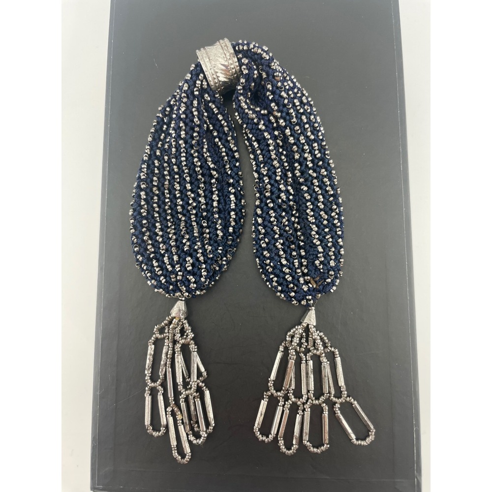 Antique Victorian Miser's Purse Steel Cut Beaded Knit Reticule W/ ring Navy blue